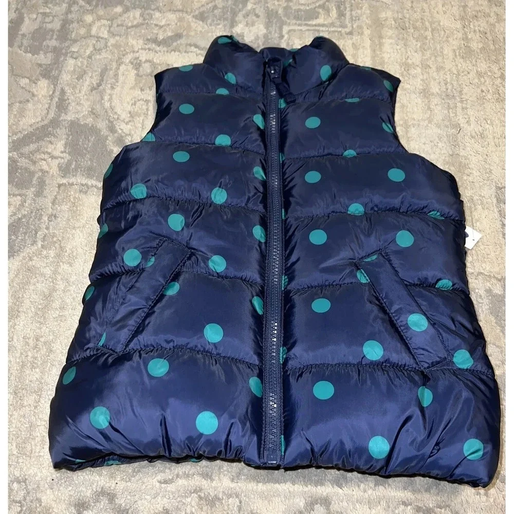 old navy girls Youth Sz 6/7 small Puffer Vest Navy Blue green Polka Dots New